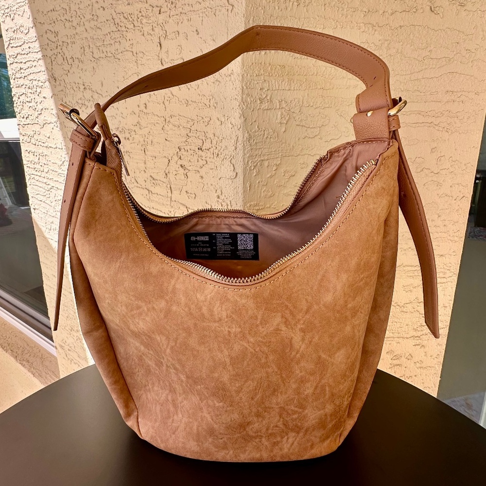 4th & Reckless, Camel Brown Faux Suede Crescent Shoulder Bag - Picture 2 of 10